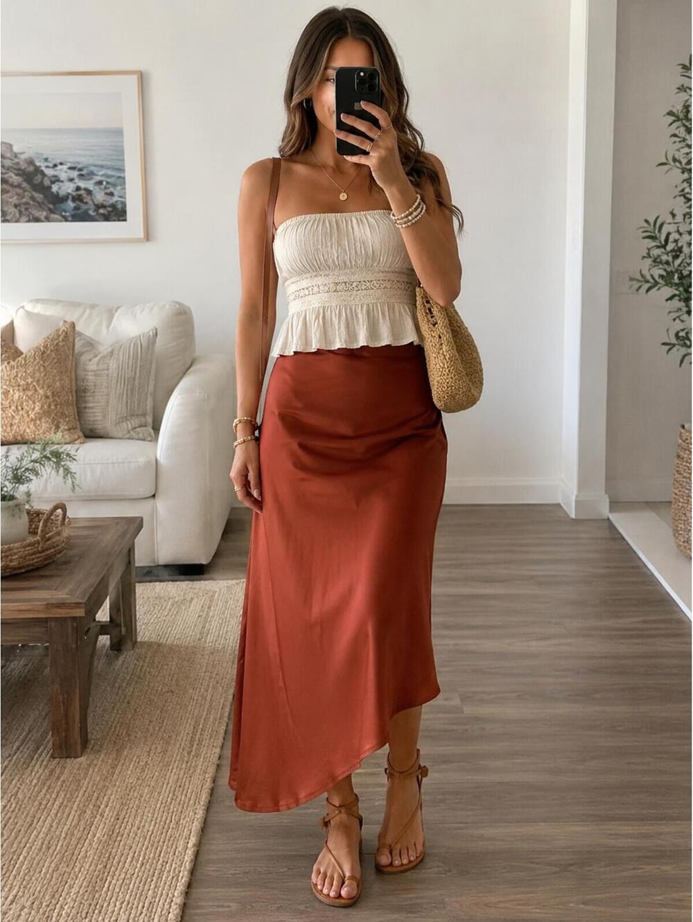 Cider Satin Wrap Midi Skirt Rust Orange XL Asymmetrical Slip Skirt